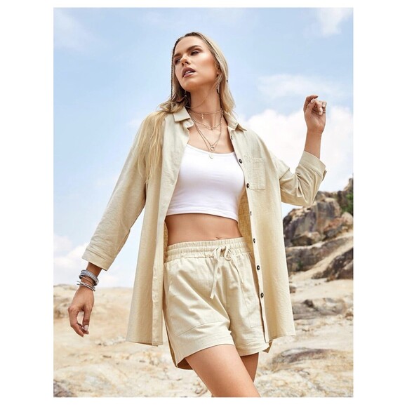 Zeagoo Womens Button Up Shirt Shorts Set Pockets Tan Beige Lightweight Size M - Picture 5 of 8